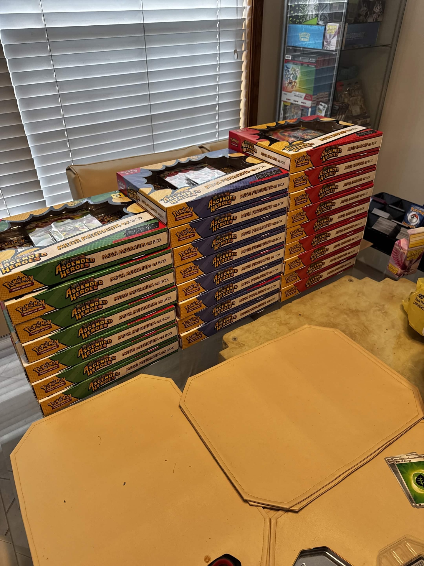 Stacks of Mega Evolution Ascended Heroes ex Boxes